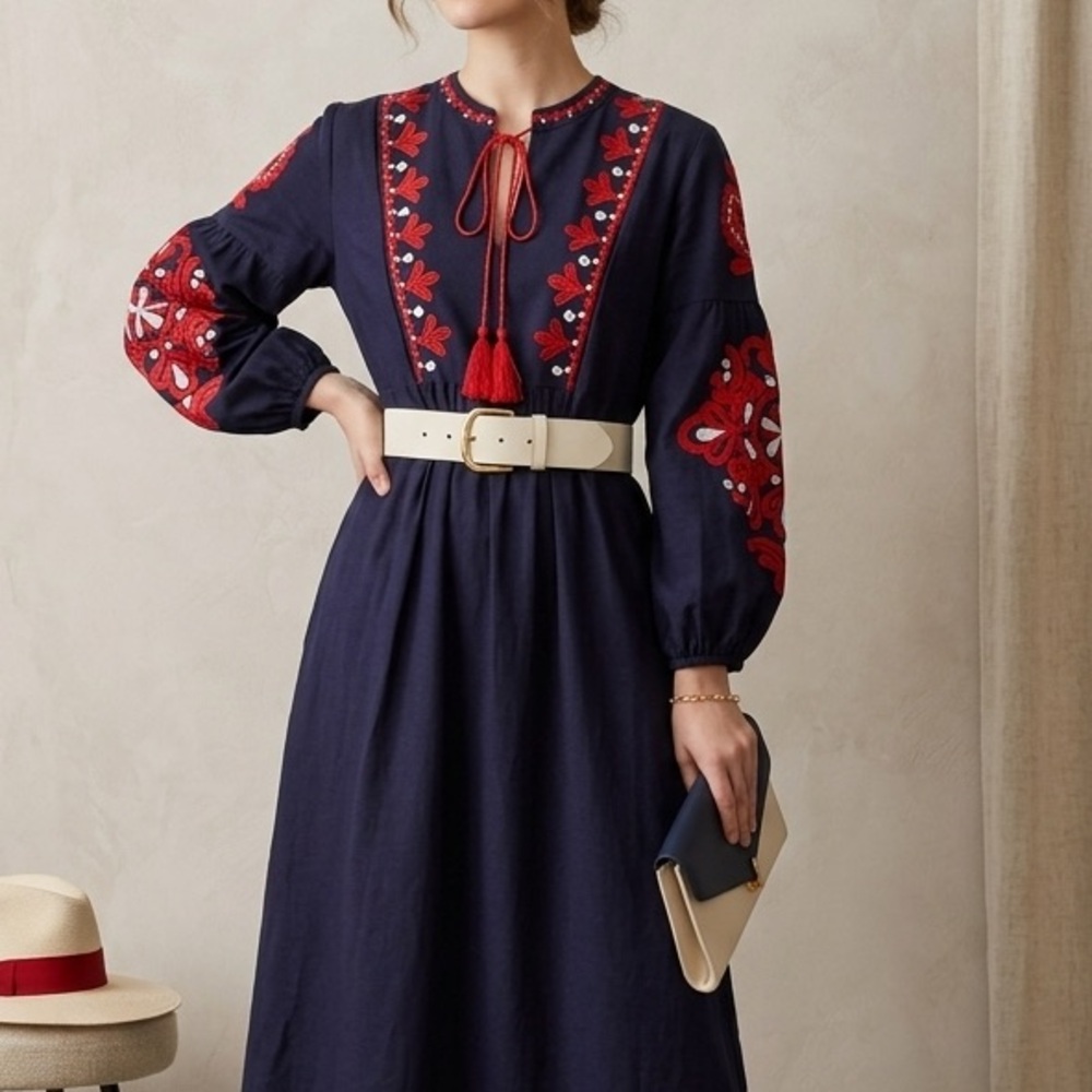 Linen Embroidered Puff Sleeve Maxi Dress